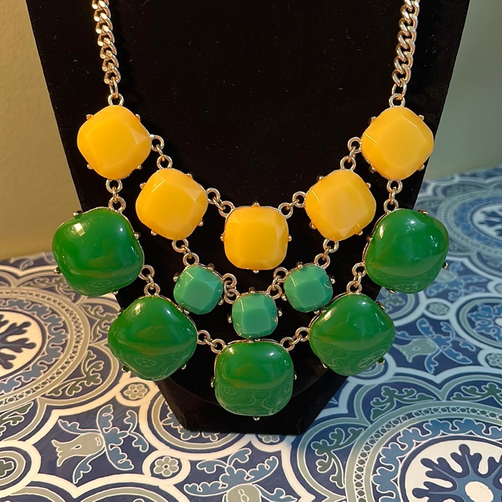 Women's Statement Necklace, Green, Yellow, Teal  22"